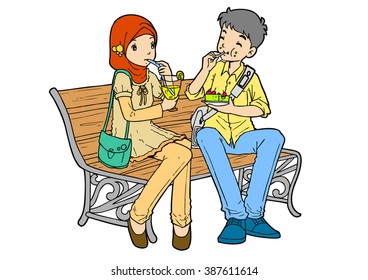 Young asian muslim couple eating and drinking on bench