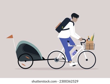 A young Asian parent riding a bike with a  kid trailer