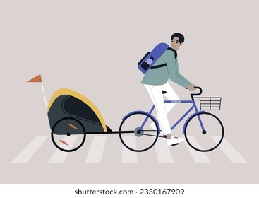 A young Asian parent riding a bike with a  kid trailer, a pedestrian crossing