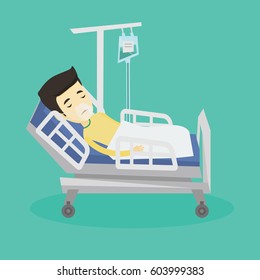 Young asian patient in oxygen mask lying in hospital bed. Patient during medical procedure with drop counter. Patient recovering in bed in hospital. Vector flat design illustration. Square layout.