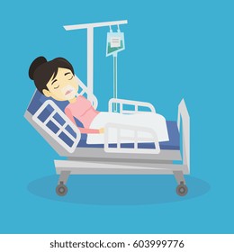 Young asian patient in oxygen mask lying in hospital bed. Patient during medical procedure with drop counter. Patient recovering in bed in hospital. Vector flat design illustration. Square layout.