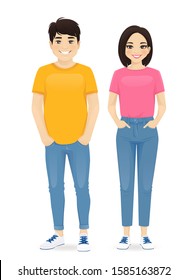 Young asian people in casual clothes. Smiling man and girl isolated vector illustration