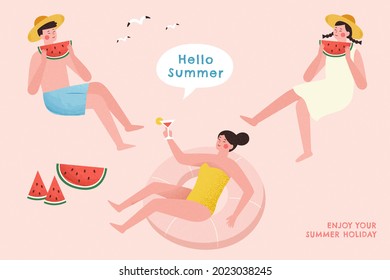 Young Asian people enjoying cocktail and watermelon in summer clothing. Hot summer party characters isolated on pink background.