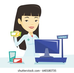 Young asian pharmacist standing at the counter in the pharmacy. Pharmacist showing some medicine. Pharmacist holding a box of pills. Vector flat design illustration isolated on white background.