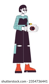 Young asian photographer flat line color vector character. Editable outline full body girl in trendy outfit holding camera on white. Simple cartoon spot illustration for web graphic design