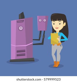 Young asian plumber making some notes in her clipboard. Plumber inspecting heating system in boiler room. Friendly female plumber in overalls at work. Vector flat design illustration. Square layout.