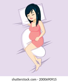Young Asian pregnant woman sleeping on bed with pillow between legs
