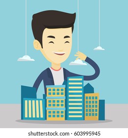 Young asian real estate agent presenting a model of new district of the city. Sales manager working with a project of a new modern district of the city. Vector flat design illustration. Square layout.