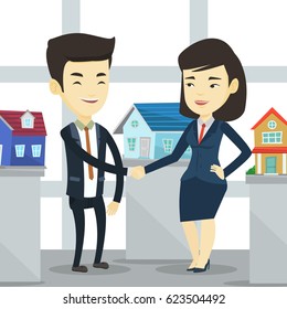 Young asian realtor shaking hand to customer after real estate deal in office. Conclusion of real estate deal between realtor and buyer. Vector flat design illustration isolated on white background.
