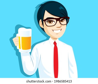 Young asian salaryman holding cold mug of beer in toast gesture pose