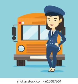 Young asian school bus driver standing in front of yellow bus. Smiling female school bus driver in uniform. Cheerful female school bus driver. Vector flat design illustration. Square layout.