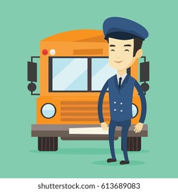 Young asian school bus driver standing in front of yellow bus. Smiling school bus driver in uniform. Cheerful school bus driver. Vector flat design illustration. Square layout.