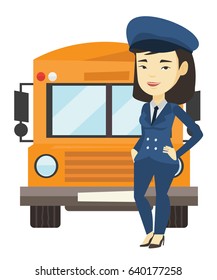 Young asian school bus driver standing in front of yellow bus. Smiling school bus driver in uniform. Cheerful female school bus driver. Vector flat design illustration isolated on white background.