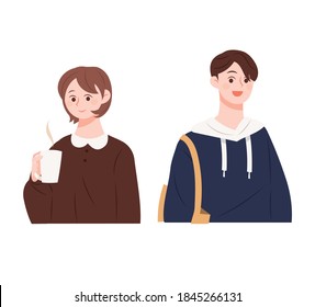 Young Asian single man and woman. A woman drinking coffee and a man carrying eco bags.