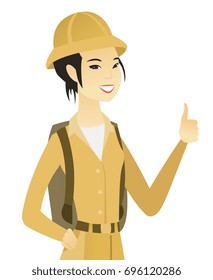 Young asian smiling traveler giving thumb up. Cheerful female traveler showing thumb up. Vector flat design illustration isolated on white background.