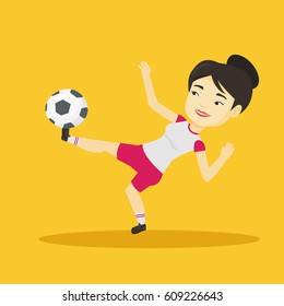 Young asian soccer player kicking ball during game. Happy female soccer player juggling with a ball. Football player playing with soccer ball. Vector flat design illustration. Square layout.