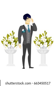 Young asian sorrowful groom in a suit crying during wedding ceremony. Upset groom waiting for a bride and crying in front of wedding altar. Vector flat design illustration isolated on white background