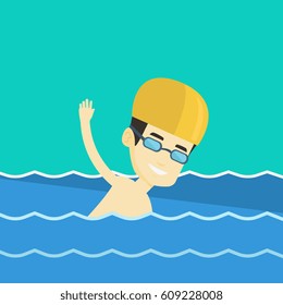 Young asian sportsman wearing cap and glasses swimming in pool. Professional male swimmer in swimming pool. Sportsman swimming forward crawl style. Vector flat design illustration. Square layout.