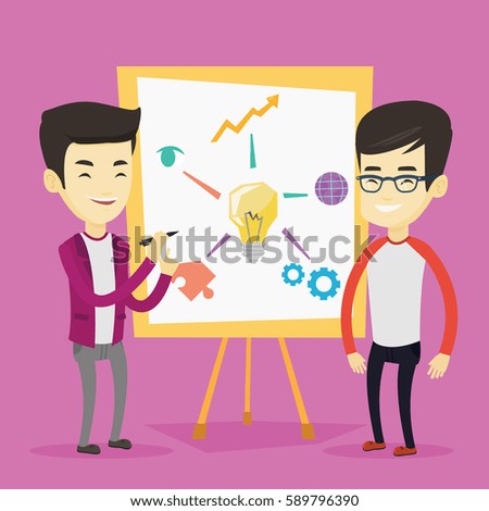 Young asian student explaining a project to professor. Group of students working on a project. Smart student drawing a project on a whiteboard. Vector flat design illustration. Square layout.
