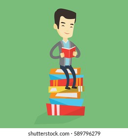 Young asian student sitting on huge pile of books. Happy student in suit reading a book. Smiling man sitting on stack of books with book in hands. Vector flat design illustration. Square layout.