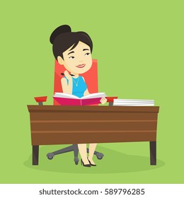 Joven estudiante asiático sentado en la mesa y pensando. Pensando en escribir un estudiante en un libro de ejercicios. Pensando en un estudiante sonriente haciendo los deberes. Ilustración de diseño plana vectorial. Diseño cuadrado.