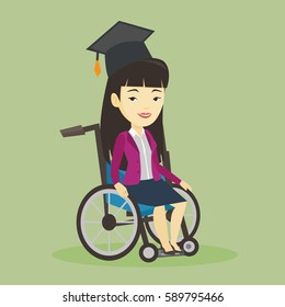Young asian student sitting in wheelchair. Cheerful graduate sitting in wheelchair. Happy disabled graduate in graduation cap sitting in wheelchair. Vector flat design illustration. Square layout.