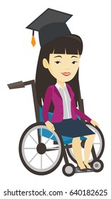 Young asian student sitting in wheelchair. Graduate sitting in wheelchair. Happy disabled graduate in graduation cap sitting in wheelchair. Vector flat design illustration isolated on white background