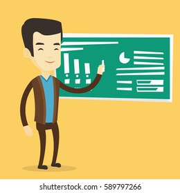 Young asian teacher standing in classroom. Teacher standing in front of the blackboard with a piece of chalk in hand. Teacher writing on a chalkboard. Vector flat design illustration. Square layout.