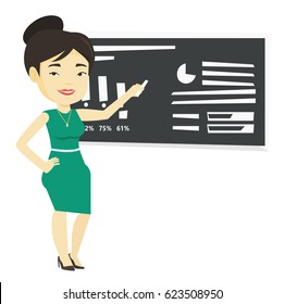 Young asian teacher standing in classroom. Teacher with a piece of chalk standing in front of blackboard. Teacher writing on a chalkboard. Vector flat design illustration isolated on white background.