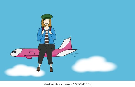 Young asian teenager tourist or hispter student woman passenger boarding on airplane in summer vacation with illustration travel concept. Amazing trip vector for aviation or tour business advertising.