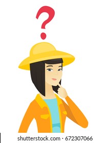 Young asian thinking farmer with question mark. Thoughtful farmer in summer hat standing under question mark above her head. Vector flat design illustration isolated on white background.