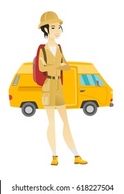 Young asian traveler with backpack standing with folded arms on the background of minibus. Cheerful traveler going to vacation by minibus. Vector flat design illustration isolated on white background.