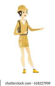Young asian traveler pointing to the side. Traveler pointing her finger to the side. Smiling female traveler pointing to the right side. Vector flat design illustration isolated on white background.