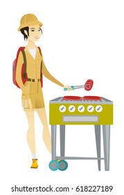 Young asian traveler woman cooking steak on barbecue grill. Full body portrait of happy traveler woman with backpack having barbecue party. Vector flat design illustration isolated on white background