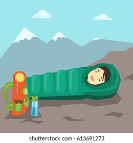 Young asian traveler woman wrapped up in a mummy sleeping bag. Happy smiling traveler woman relaxing in a sleeping bag while camping in the mountains. Vector flat design illustration. Square layout.