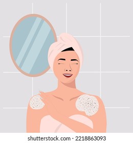 Young asian woman applies a scrub to her body after taking a shower. Top view vector illustration