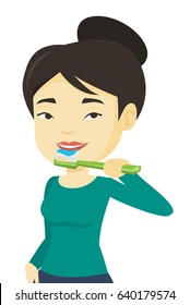 Young asian woman brushing teeth. Smiling woman cleaning her teeth. Woman taking care of her teeth. Cheerful girl with toothbrush in hand. Vector flat design illustration isolated on white background.