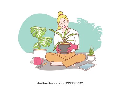 Young Asian woman cares for indoor plant plants with care. Monstera and Cantus lovers at home. Eco living and lifestyle concept, plant care. vector illustration flat cartoon