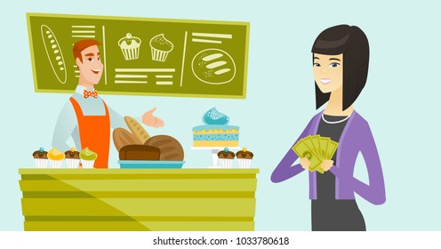 Young asian woman with cash money in hands standing on the background of caucasian white salesman working behind the counter with pastry in the bakery. Vector cartoon illustration. Horizontal layout.