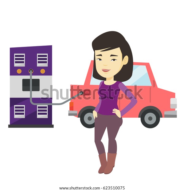 Young asian woman charging electric car at\
charging station. Woman standing near power supply for electric\
car. Charging of electric car. Vector flat design illustration\
isolated on white\
background.