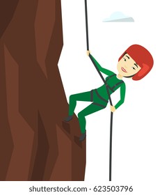 Young Asian Woman Climbing On Mountain With Rope. Rock Climber In Protective Helmet Climbing On Rock. Smiling Sportswoman Climbing A Rock. Vector Flat Design Illustration Isolated On White Background.