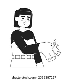 Young asian woman with diamond ring on finger monochromatic flat vector character. Millennial engagement. Editable line full body person on white. Simple bw cartoon spot image for web graphic design
