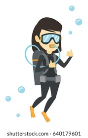 Young asian woman in diving suit snorkeling and giving thumb up. Woman diving with scuba and showing ok sign. Woman enjoying the diving. Vector flat design illustration isolated on white background.