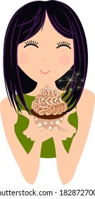 Young Asian woman eating chocolate frosted Birthday cupcake with sparkler candle and smiling. Clear backed vector celebration illustration on clear background.