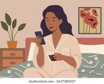Young Asian woman enjoying morning cup of coffee while using smartphone in the bedroom