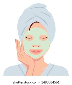 Young asian woman face vector illustration (just out of the bath)  / face pack, facial mask