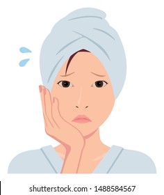 Young asian woman face vector illustration (just out of the bath)  / troubled , annoying 