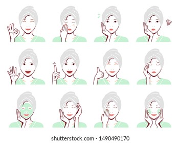 Young asian woman face vector illustration (just out of the bath) set / smile, troubled, acne, headache, cleansing, thumb up, ok sign etc. 