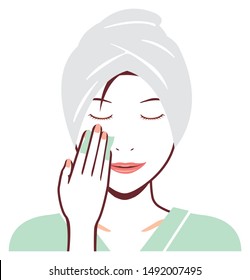 Young asian woman face vector illustration (just out of the bath) / cotton, makeup removal 