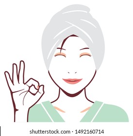 Young asian woman face vector illustration (just out of the bath) /ok sign with smiling 